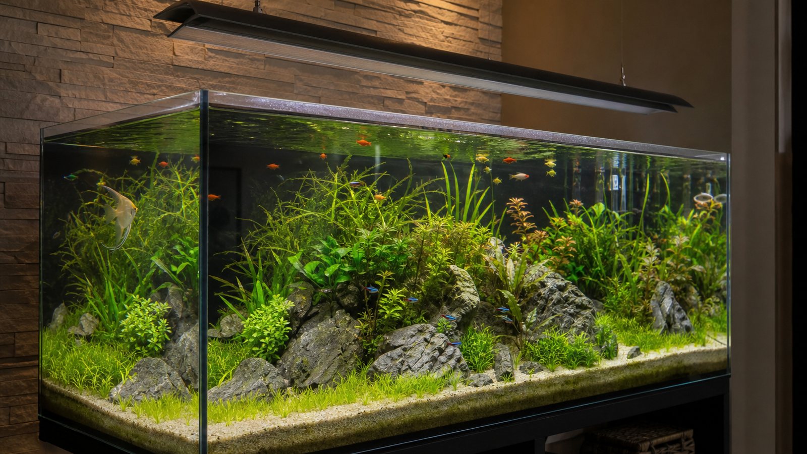 Personne contemplant sereinement un aquarium diffusant une lumière douce dans un salon en soirée
