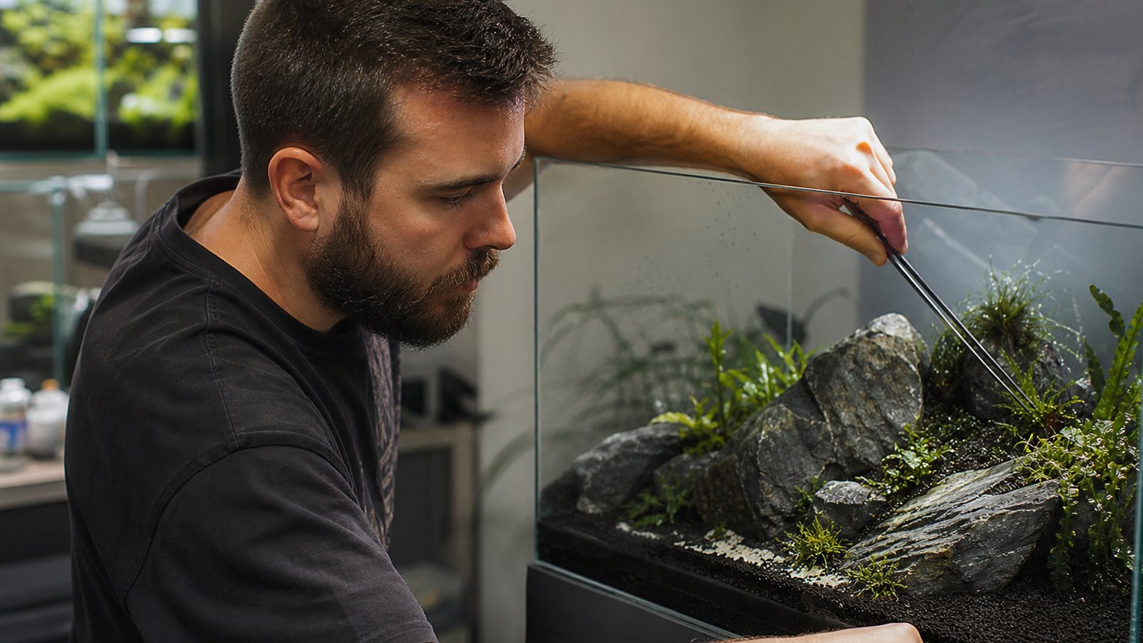 Aquascaper professionnel composant le décor minéral et végétal d'un aquarium sur mesure en studio