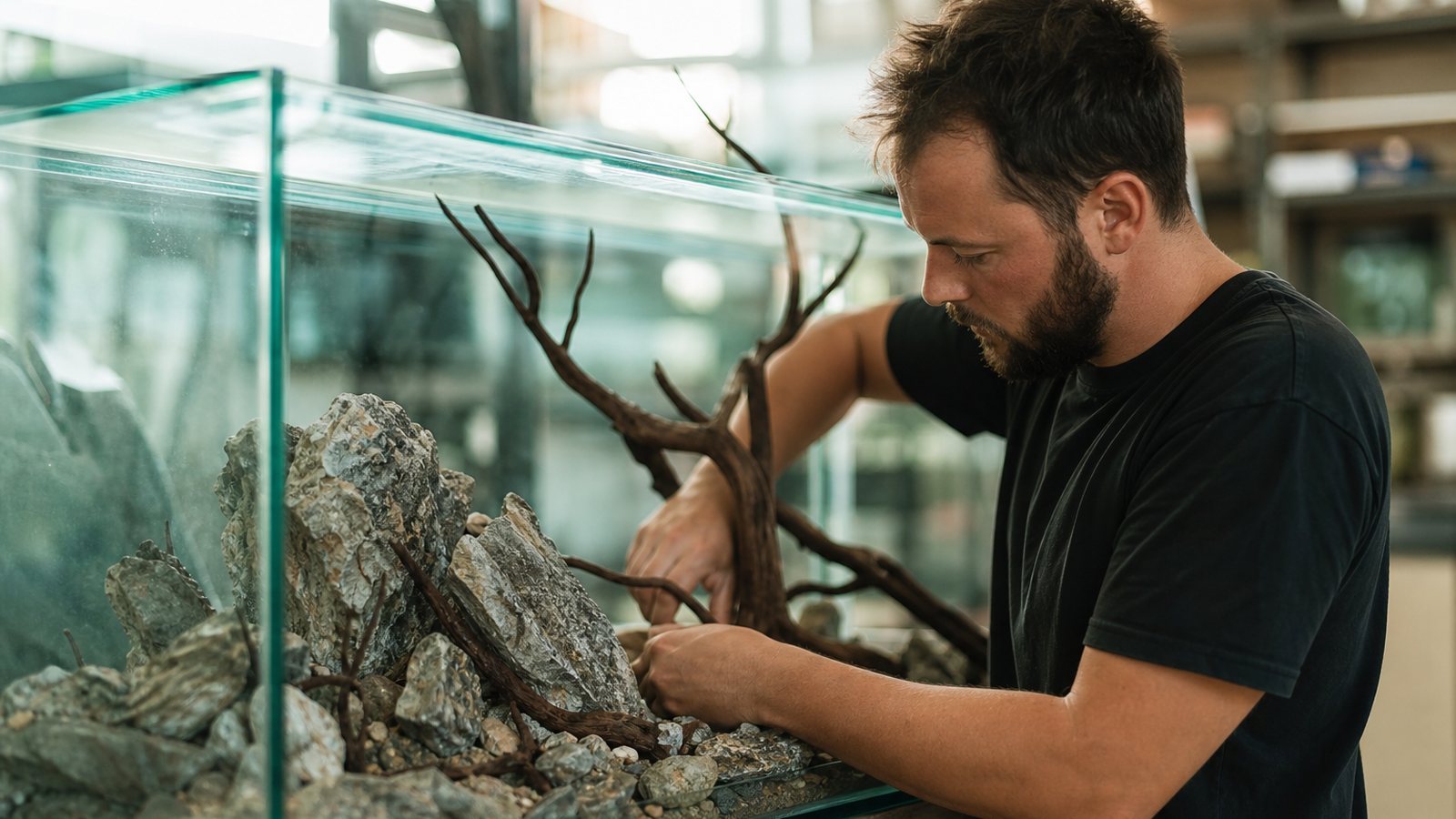 Verrier assemblant en atelier une grande cuve sur mesure destinée à un aquarium d'exception