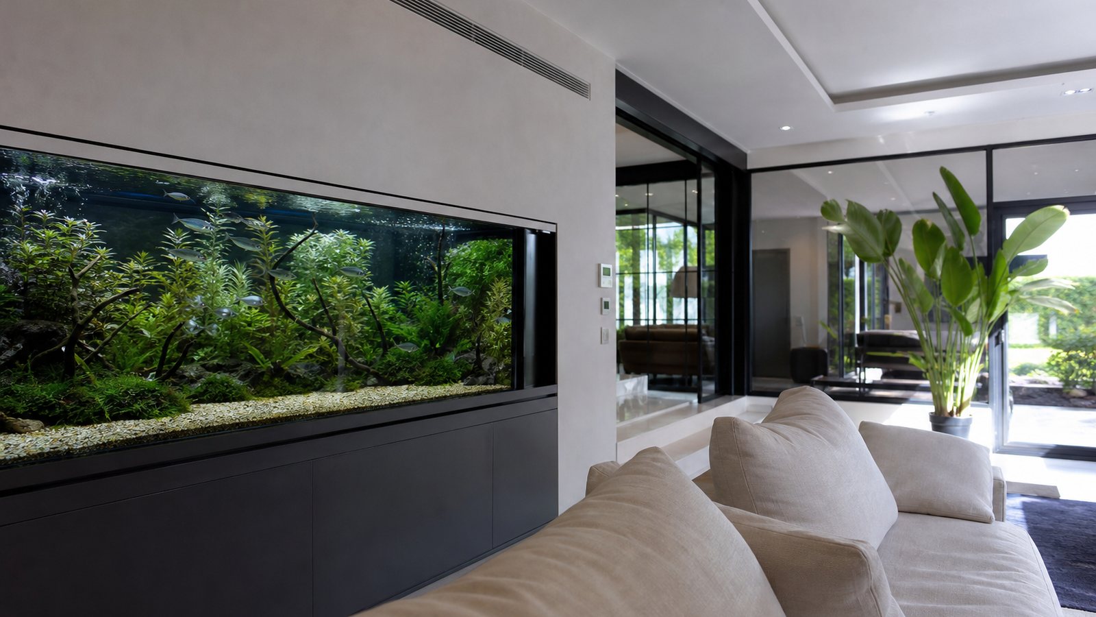 Grand aquarium sur mesure encastré dans une cloison, intégré à un salon aux matières nobles