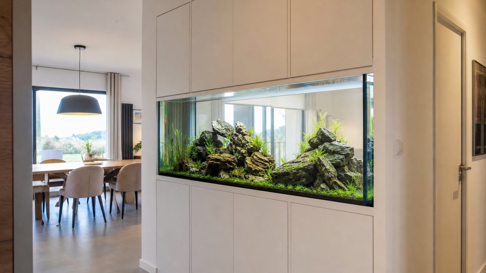 Grand aquarium sur mesure faisant office de séparation lumineuse entre le salon et l'entrée d'une maison