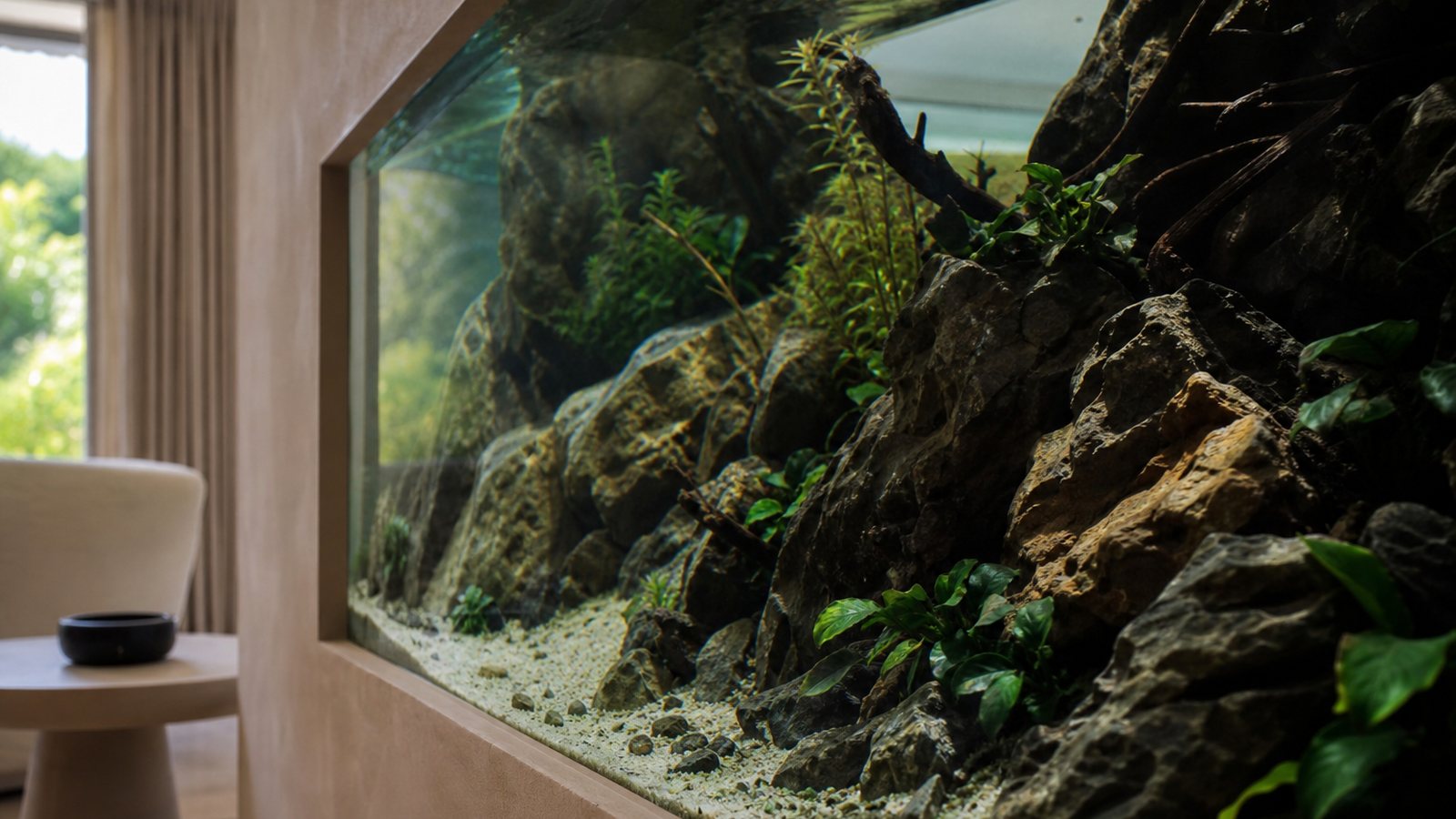 Aquarium sur mesure haut de gamme aux finitions soignées et à la technique parfaitement dissimulée
