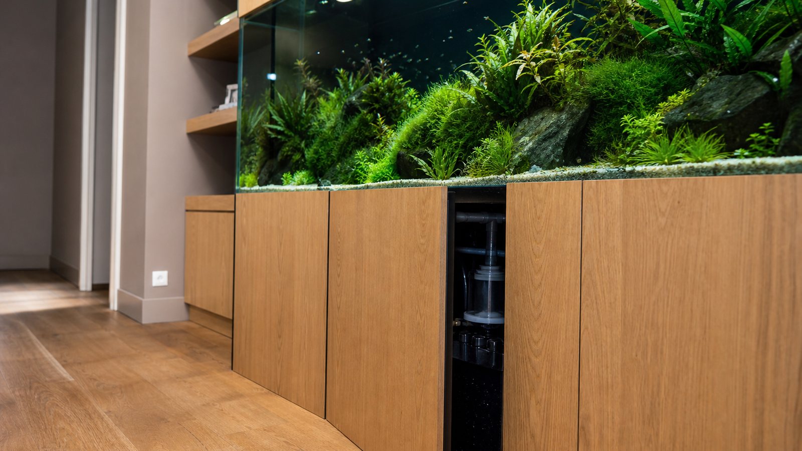 Meuble technique ouvert révélant la filtration dissimulée sous un aquarium au design épuré