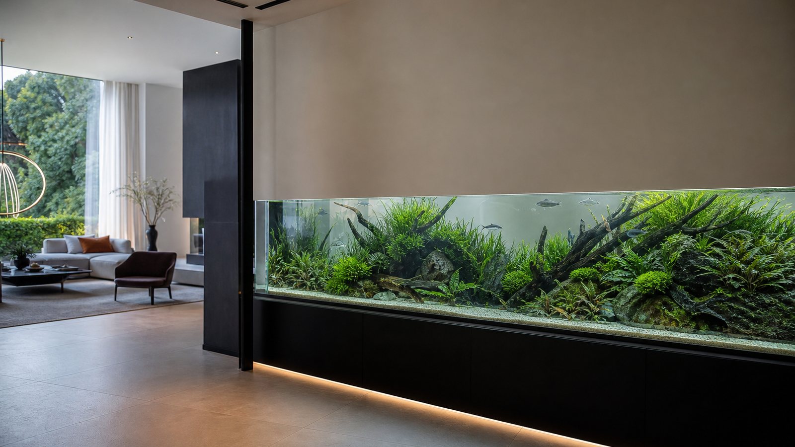 Aquarium sur mesure haut de gamme intégré dans un intérieur raffiné
